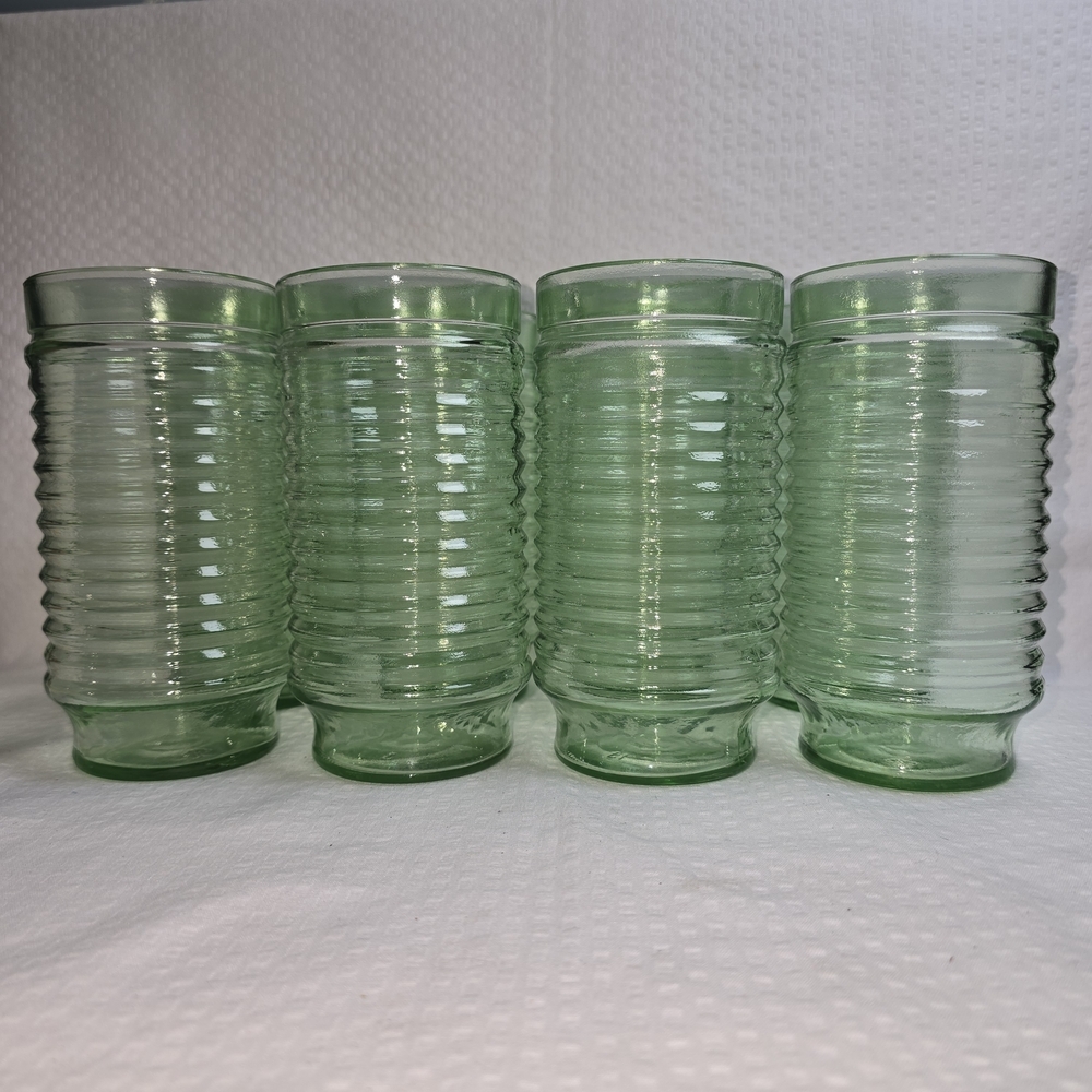 ANCHOR HOCKING PARK LAND GREEN RIDGED GLASSES/TUMBLERS SET OF 8 EUC VINTAGE - Picture 6 of 6